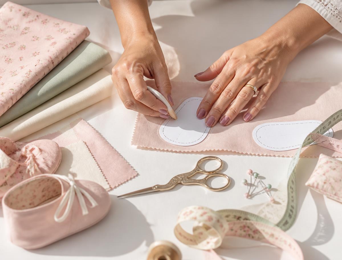 Artesã marcando o molde de um sapatinho sobre tecido rosa em uma mesa de costura